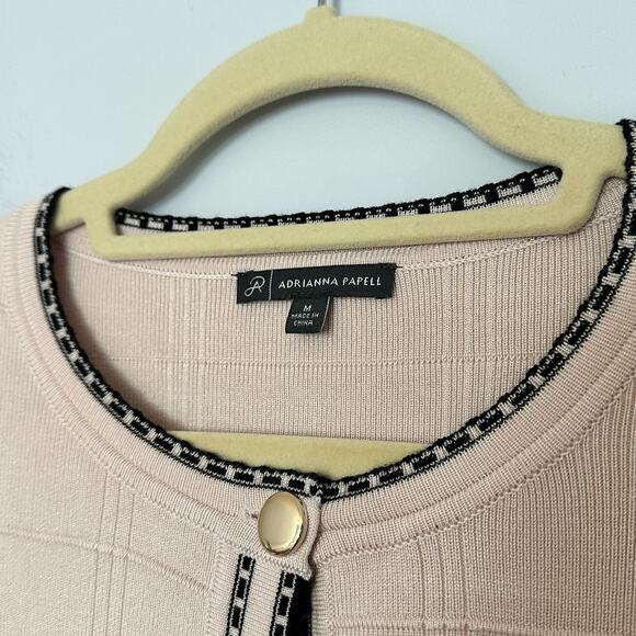 Adrianna Papell Check Tipped Cardigan Womens Medium Button Front Tan Old Money - Picture 5 of 9